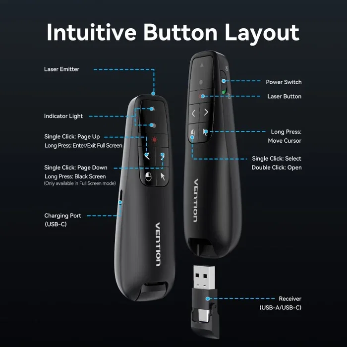Vention Presentador inalámbrico KQPB0 con Air Mouse y láser rojo Vention Presentador inalámbrico KQPB0 con Air Mouse y láser rojo
